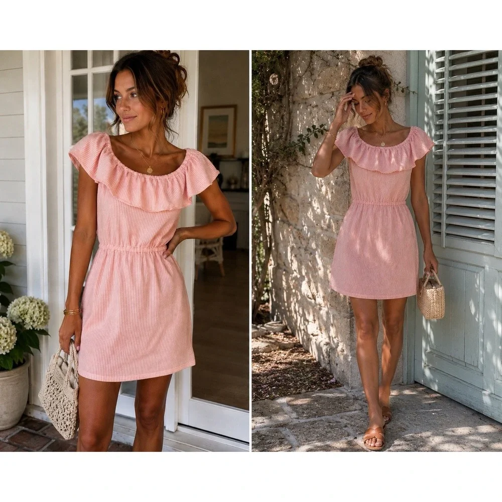 Michael Kors Pink & White Striped Ruffle Mini Dress – Size Small